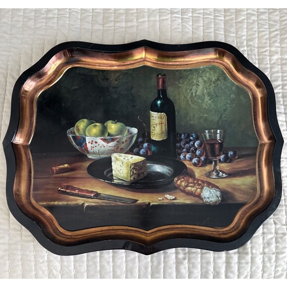 Vintage Metal Serving Tray Wine Cheese & Fruit Scene - Picture 3 of 3